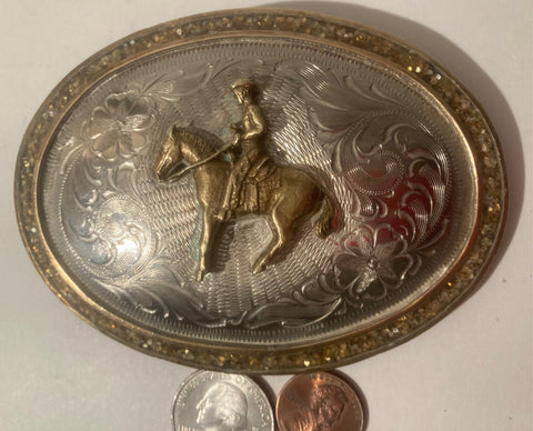 Vintage Metal Brass and Silver Belt Buckle, Cowboy on a Horse, Country & Western, Made in Mexico, Quality, Heavy Duty, Fashion, Belts