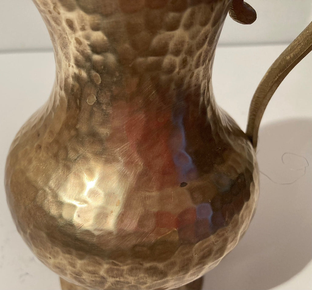 Vintage Metal Brass and Copper Serving Pitcher, Vase, Hammered Metal, 7" Tall, Kitchen Decor, Table Display, Shelf Display