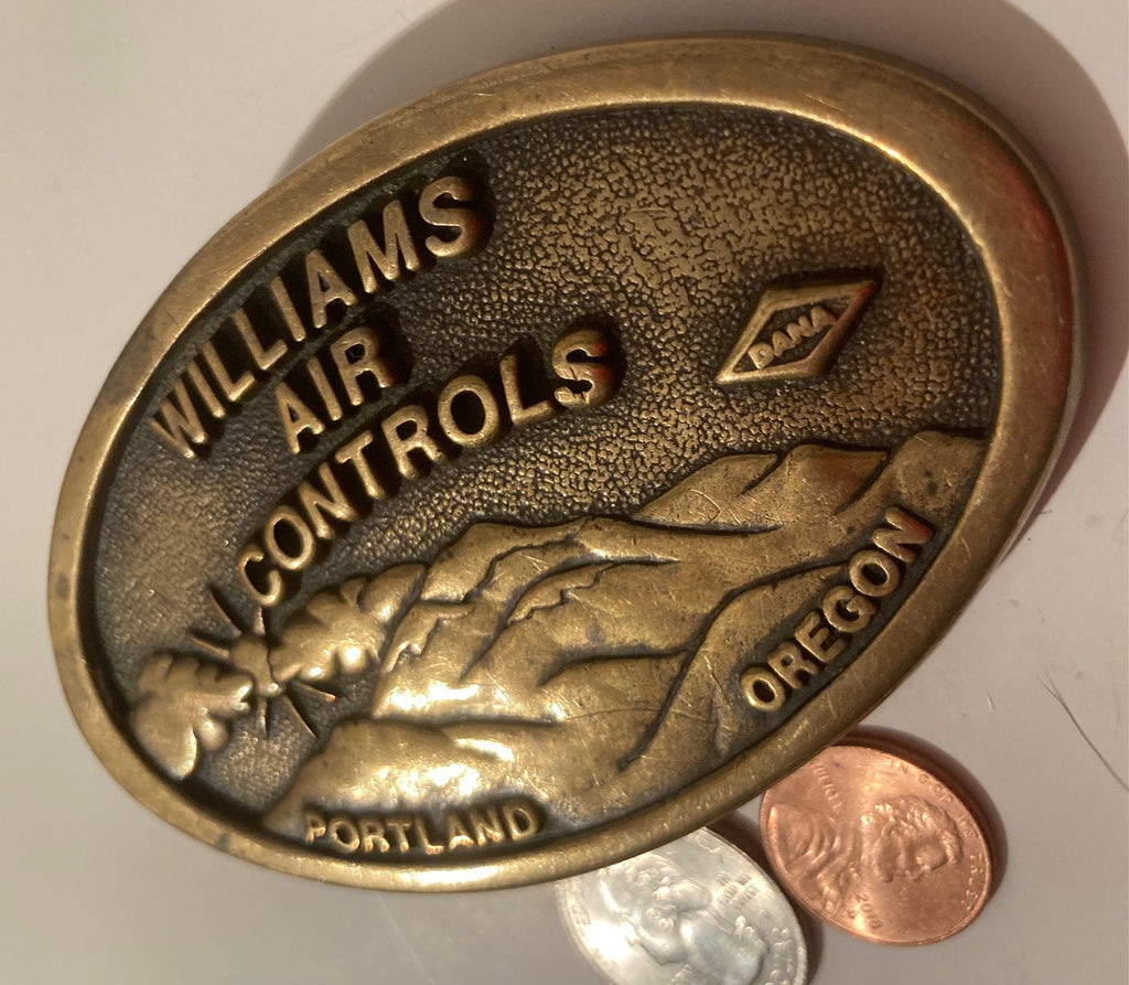 Vintage 1983 Metal Belt Buckle, Williams Air Controls, Portland, Oregon, Made in USA, Quality, Heavy Duty, Fashion, Belts, Shelf Display