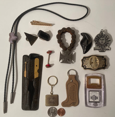 Vintage Lot of Miscellaneous Fun Little Items, Brass, Rings, Tie Clip, West Coast Choppers, Pin, Tie, More, Free Shipping in the U.S.