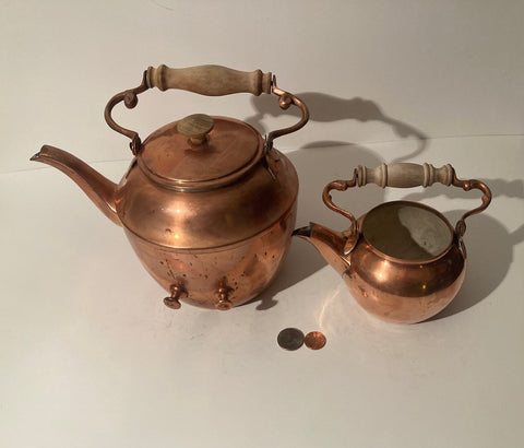 Vintage Set of 2 Copper Metal Teapots, Kettles, Both Need Handles Reworked, So I Priced Cheaper, The Big One is 9" Wide, Heavy Duty, Quality