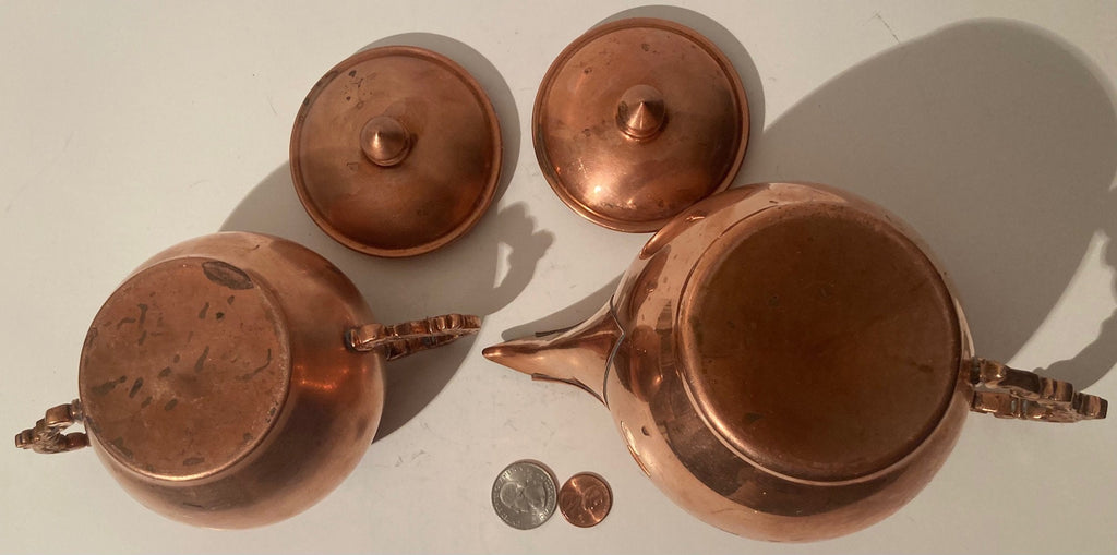 Vintage Metal Copper Serving Pitchers, Sugar, Milk, Cream, Nice Handles, The Big One is 8" Wide, Quality, Heavy Duty, Kitchen Decor