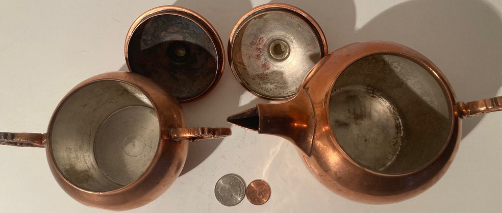 Vintage Metal Copper Serving Pitchers, Sugar, Milk, Cream, Nice Handles, The Big One is 8" Wide, Quality, Heavy Duty, Kitchen Decor