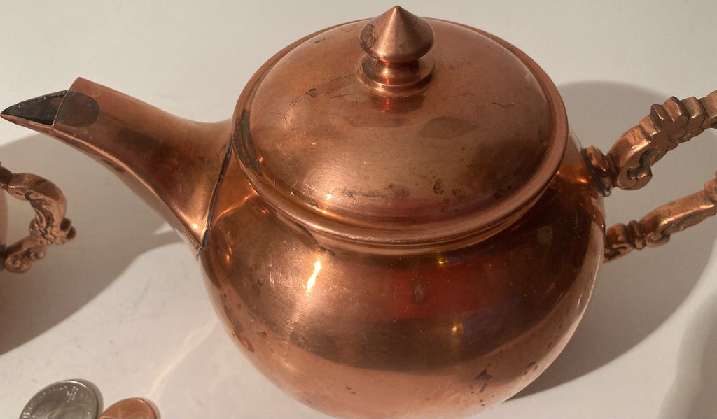 Vintage Metal Copper Serving Pitchers, Sugar, Milk, Cream, Nice Handles, The Big One is 8" Wide, Quality, Heavy Duty, Kitchen Decor