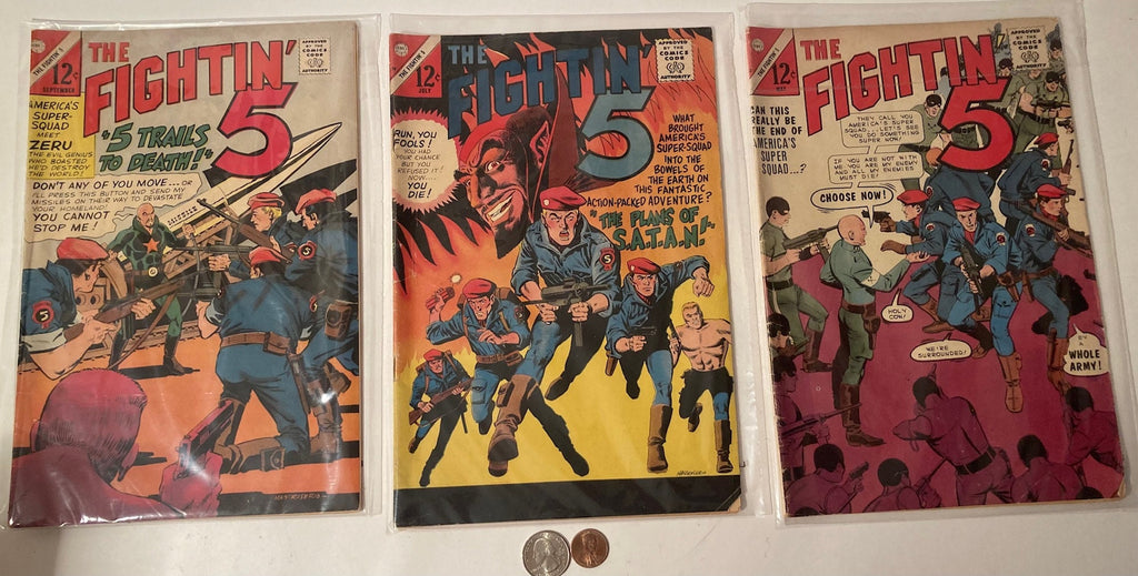 3 Vintage 1958 Comic Books, The Fightin' 5, Fun Ads, Just Normal Used and Read Comic Books for Fun, Enjoyment, Nostalgia