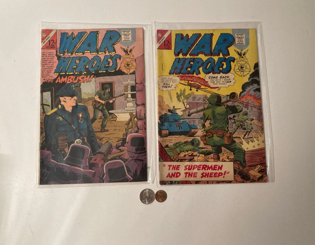 2 Vintage 1958 Comic Books, War Heroes, Fun Ads, Just Normal Used and Read Comic Books for Fun, Enjoyment, Nostalgia
