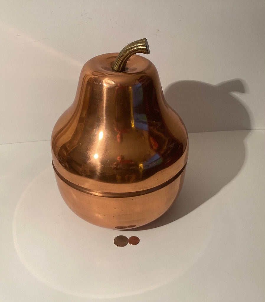 Vintage Big Size Copper and Brass Handle Container, Cookie Jar, 13" x 9", Weighs 3 1/4" Pounds, Pear, Fruit, Counter Decor, Shelf Display