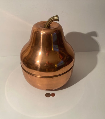 Vintage Big Size Copper and Brass Handle Container, Cookie Jar, 13" x 9", Weighs 3 1/4" Pounds, Pear, Fruit, Counter Decor, Shelf Display