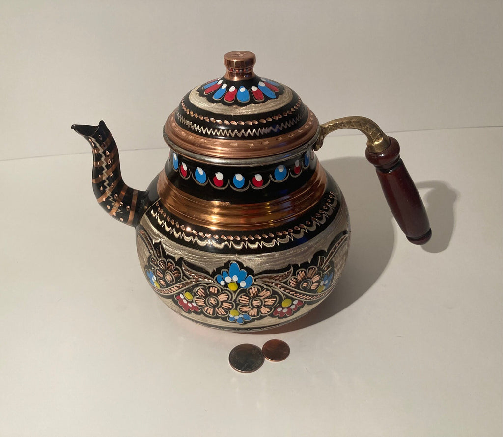 Vintage Metal Copper Teapot, Tea Kettle, Intricate Design, Etched, Inlay, Quality, Turkish, 9" x 6", Wooden Handle, Multiple Bright Colors