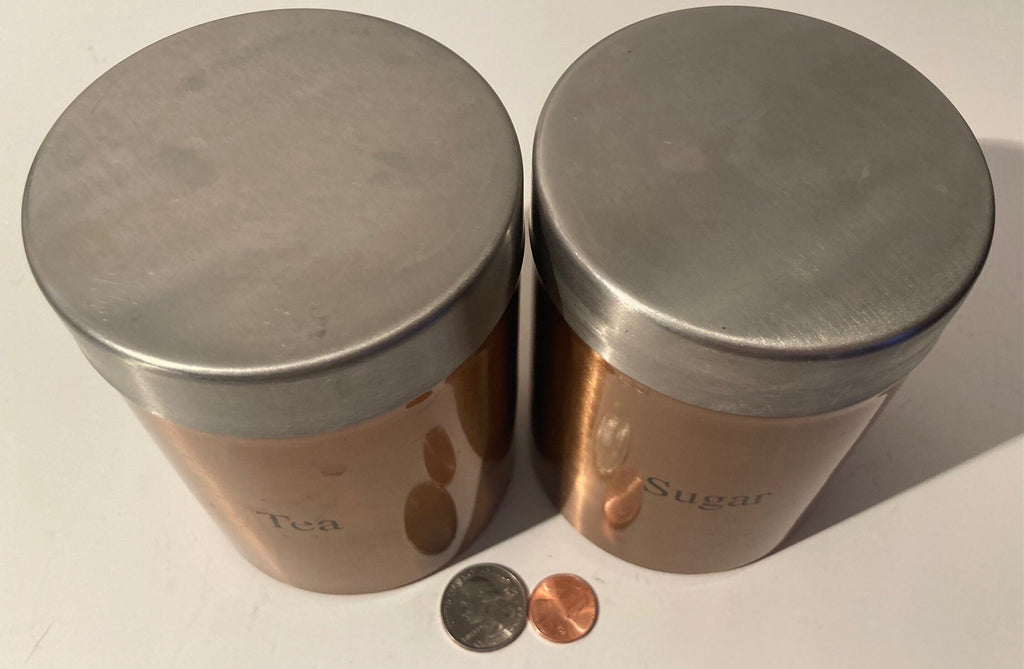 Vintage Set of 2 Metal Copper and Silver Colored Canisters, Sugar, Tea, Storage, Tin Cans, Kitchen Decor, Table Display, Shelf Display