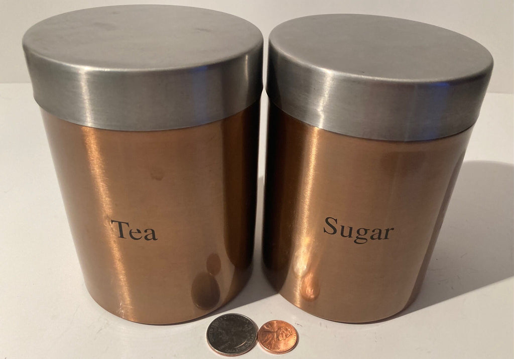 Vintage Set of 2 Metal Copper and Silver Colored Canisters, Sugar, Tea, Storage, Tin Cans, Kitchen Decor, Table Display, Shelf Display