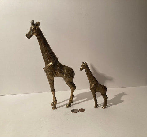 Vintage Set of 2 Sold Brass Metal Giraffes, 11", Heavy Duty, Weighs 2 1/2 Pounds, Quality, Nice, Home Decor, Table Display, Shelf Display