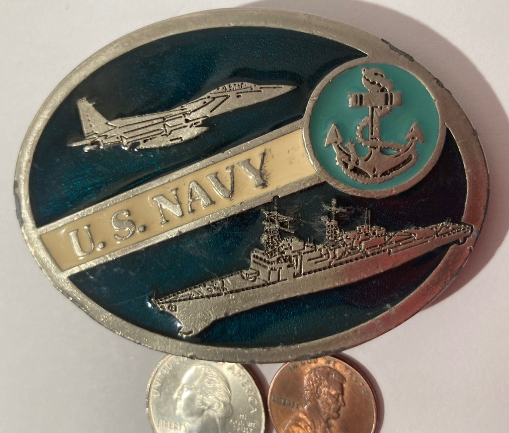 Vintage Metal Belt Buckle, U.S. Navy, Ship, Airplane, Jet, Destroyer, Anchor, Military, Made in USA, Quality, Heavy Duty, Fashion, Belts