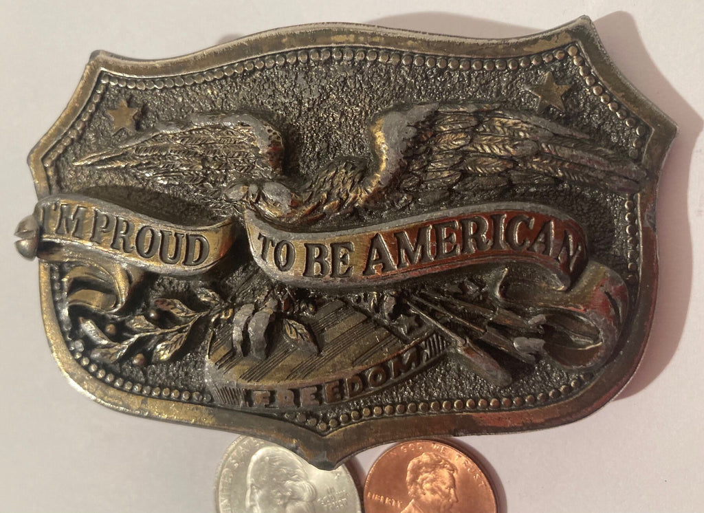 Vintage 1984 Metal Pewter Belt Buckle, I'm Proud To Be American, Made in USA, Quality, Heavy Duty, Fashion, Belts, Shelf Display