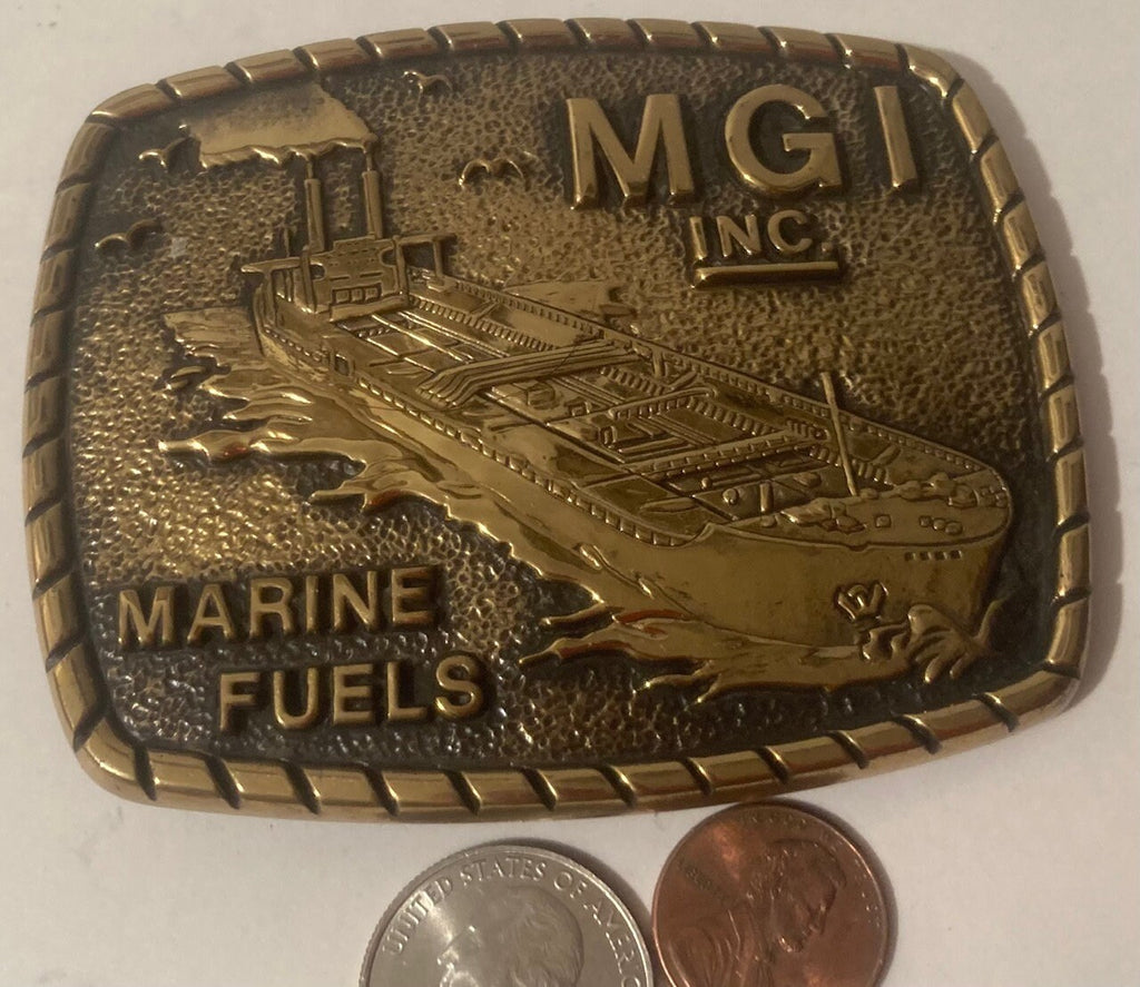 Vintage Metal Brass Belt Buckle, MGI Inc, Marine Fuels, BTS, Made in USA, Quality, Heavy Duty, Fashion, Belts, Shelf Display, Collectible