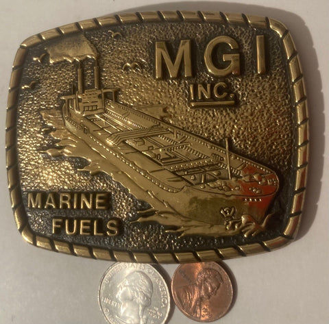 Vintage Metal Brass Belt Buckle, MGI Inc, Marine Fuels, BTS, Made in USA, Quality, Heavy Duty, Fashion, Belts, Shelf Display, Collectible