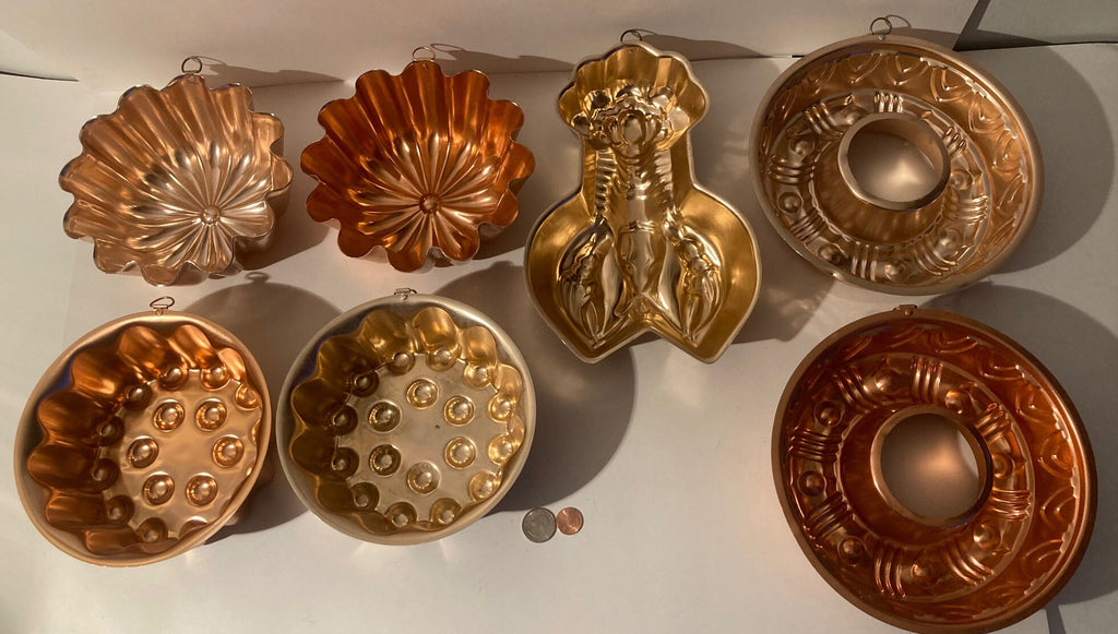 7 Vintage Metal Copper Colored Jello Molds, Kitchen Decor, Cooking, Hanging Display, Shelf Displays, Free Shipping in the U.S.
