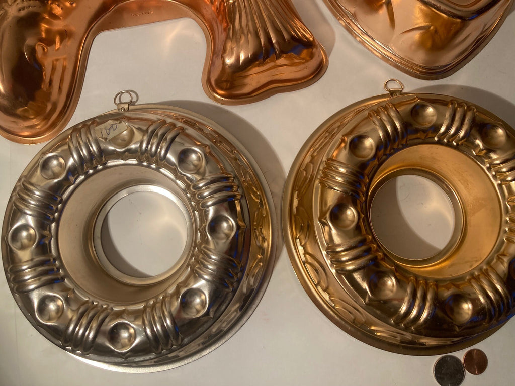 6 Vintage Metal Copper Colored Jello Molds, Kitchen Decor, Cooking, Hanging Display, Shelf Displays, Free Shipping in the U.S.
