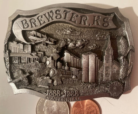 Vintage 1988 Pewter Metal Belt Buckle, Brewster, Kansas, Centennial, Country & Western, Western Wear, Quality, Made in USA, Heavy Duty