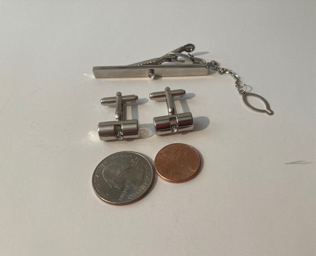 Vintage Metal Silver Tie Clip and Cuff Links Set, Quality, Nice, Made in USA, Fashion, Suits, Style, Fun