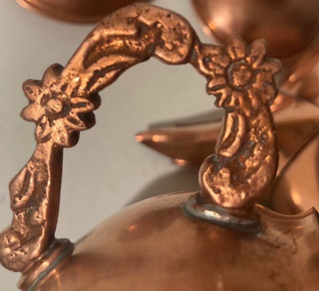 Vintage Metal Copper Serving Pitchers, Sugar, Milk, Cream, Nice Handles, The Big One is 8" Wide, Quality, Heavy Duty, Kitchen Decor
