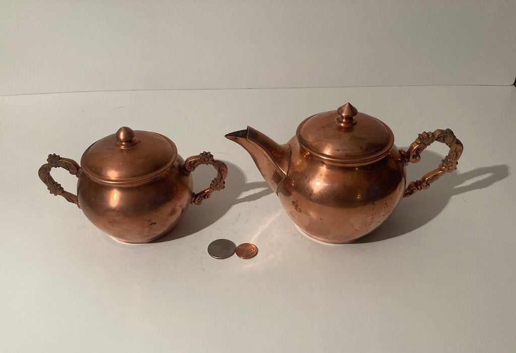 Vintage Metal Copper Serving Pitchers, Sugar, Milk, Cream, Nice Handles, The Big One is 8" Wide, Quality, Heavy Duty, Kitchen Decor