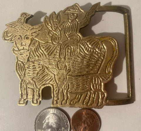 Vintage Metal Brass Belt Buckle, Man On A Ox, Cow, Yak, Animal, Quality, Heavy Duty, Fashion, Belts, Shelf Display, Collectible Belt Buckle