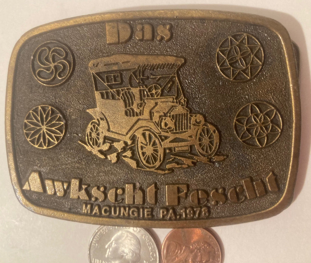 Vintage 1978 Metal Belt Buckle, Das Awkscht Fescht, German Car, Made in USA, Quality, Heavy Duty, Fashion, Belts, Shelf Display