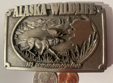 Vintage 1983 Metal Belt Buckle, Alaska Wildlife, Heavy Duty, Quality, Fashion, Belts, Shelf Display, Made in USA, Quality