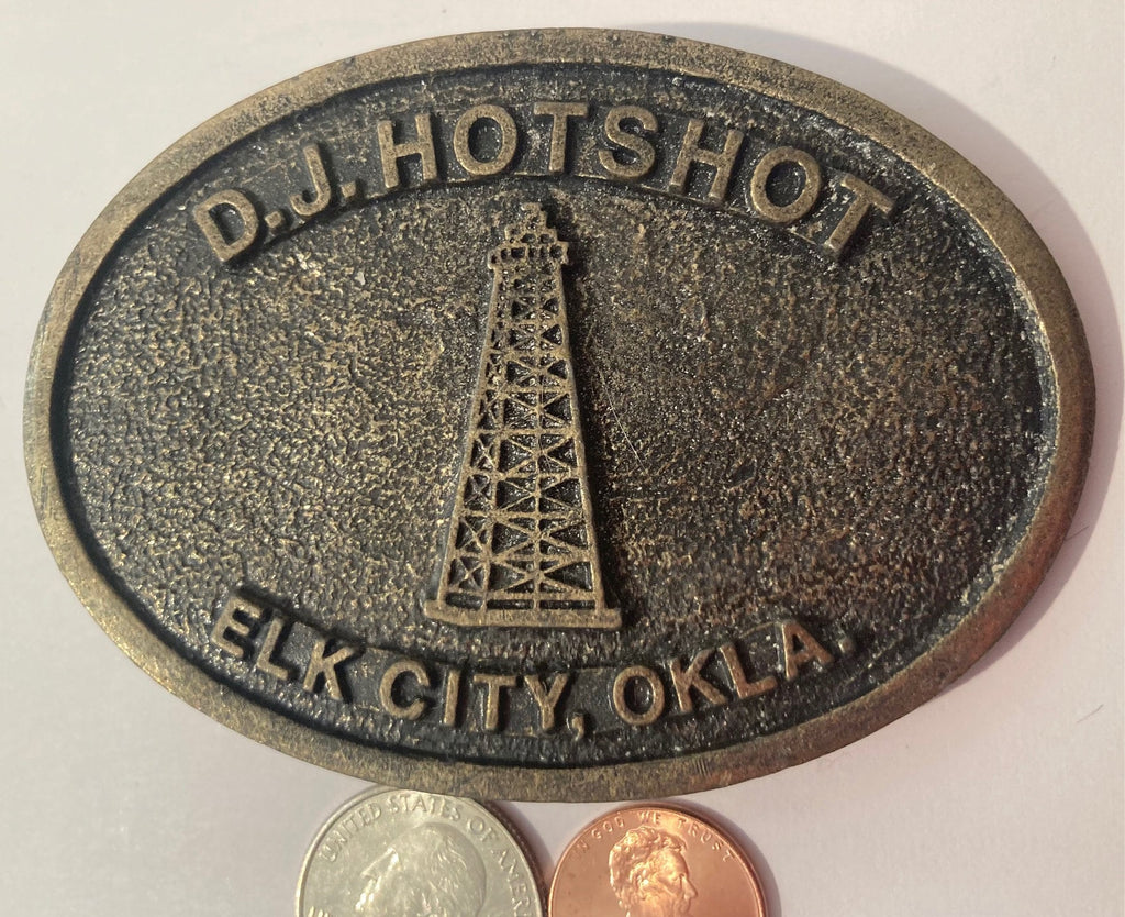 Vintage Metal Belt Buckle, D. J.  Hotshot, Elk City, Oklahoma, Made in USA, Oil Rig, Crude, Quality, Western Wear, Heavy Duty, Fashion