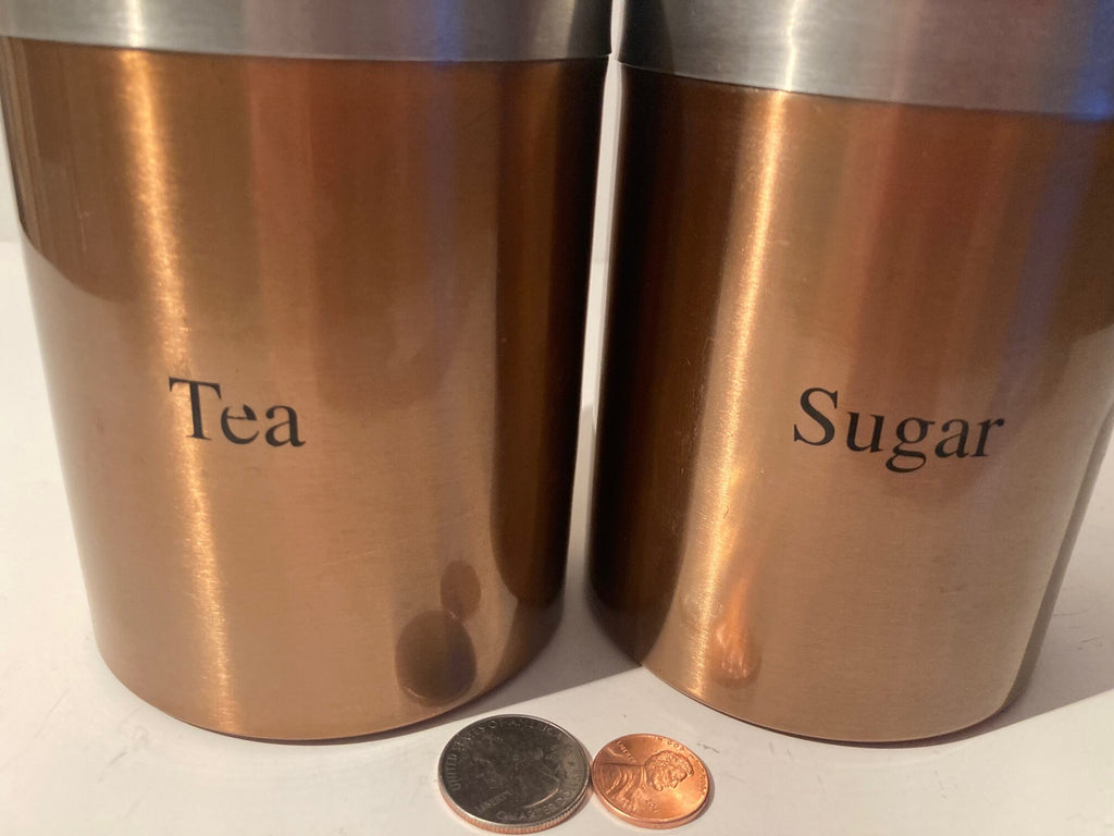 Vintage Set of 2 Metal Copper and Silver Colored Canisters, Sugar, Tea, Storage, Tin Cans, Kitchen Decor, Table Display, Shelf Display