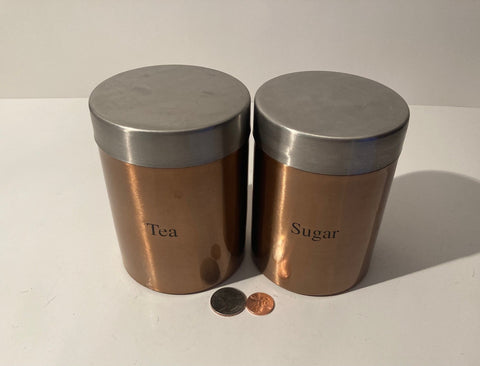 Vintage Set of 2 Metal Copper and Silver Colored Canisters, Sugar, Tea, Storage, Tin Cans, Kitchen Decor, Table Display, Shelf Display