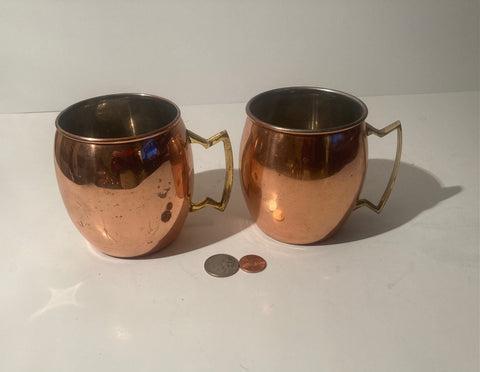 Vintage Set of 2 Copper and Brass Mugs, Cups, Drinkware, Quality, Heavy Duty, Home Decor, Table Display, Shelf Display