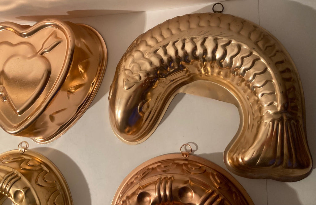 6 Vintage Metal Copper Colored Jello Molds, Kitchen Decor, Cooking, Hanging Display, Shelf Displays, Free Shipping in the U.S.