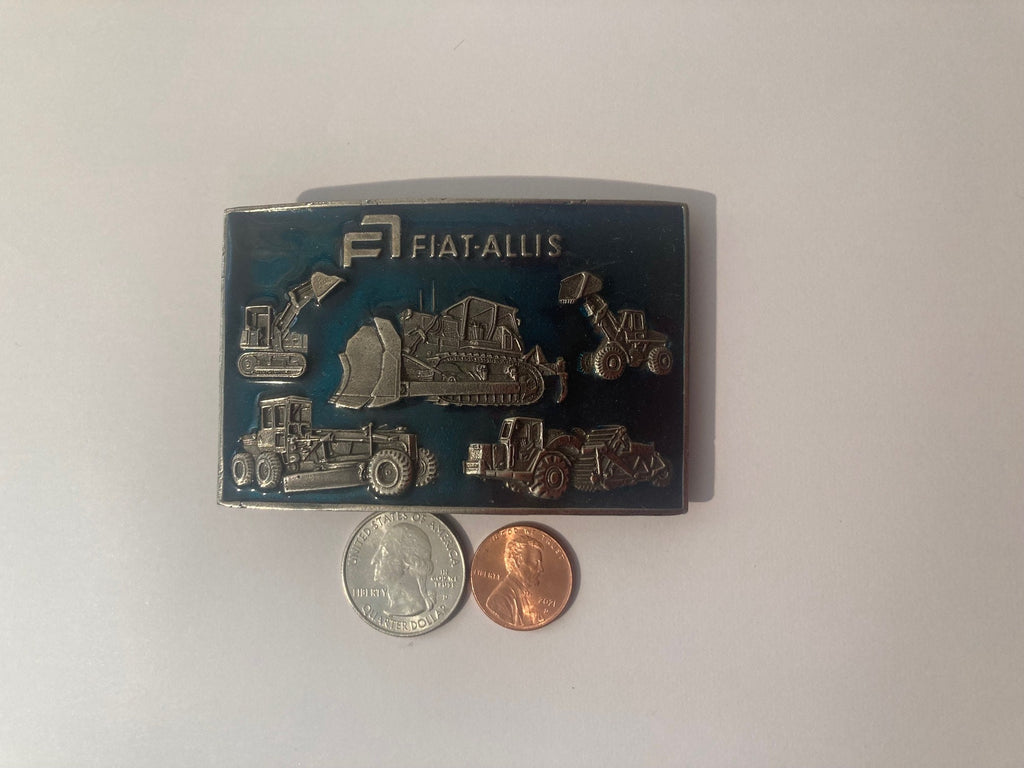 Vintage 1976 Metal Belt Buckle, Blue Enamel, Fiat Allis, Made in USA, Country and Western, Heavy Duty, Quality, Front End Loader, Bull Dozer