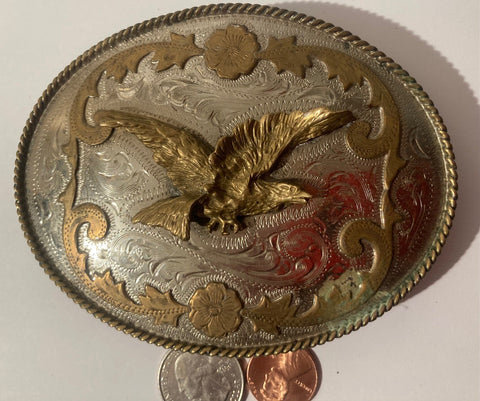 Vintage Metal Brass Belt Buckle, Big Size, Cowboy, Eagle, Western, Country and Western, German Silver, Heavy Duty, Quality, Fashion, Belts