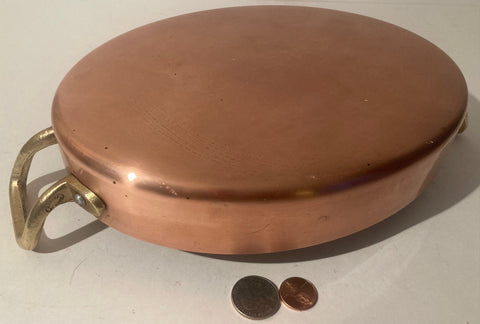 Vintage Metal Copper and Brass Handle Frying Pan, Skillet, Cooking, Omelet, 12" Long and 9 1/2" x 7" x 1 1/2" Pan Size, Tin lined, Quality