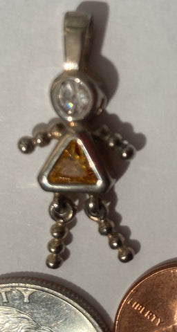 Vintage Sterling Silver 925 Metal Pendant, Girl, Yellow and Clear Stones, Nice Design, Pendant for Necklace, Bracelet, Ankle, Fashion