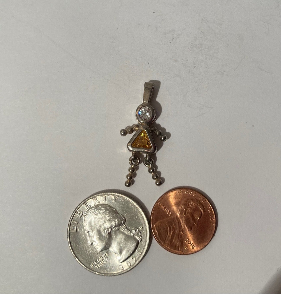 Vintage Sterling Silver 925 Metal Pendant, Girl, Yellow and Clear Stones, Nice Design, Pendant for Necklace, Bracelet, Ankle, Fashion