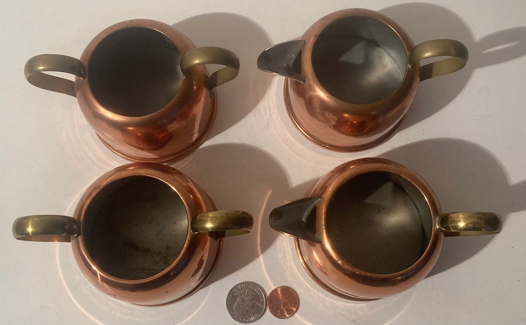 Vintage Lot of 4 Copper and Brass Tea and Coffee Accessories, Sugar, Tea, Coffee, Cream, Quality, Kitchen Decor, Shelf Display, Use Them