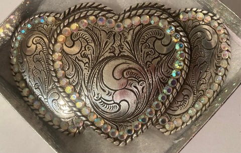 Vintage Metal Belt Buckle, Triple Hearts, Crystals, Shiny, Quality, Heavy Duty, Fashion, Belts, Fun, Nice Design, Made in USA, Quality