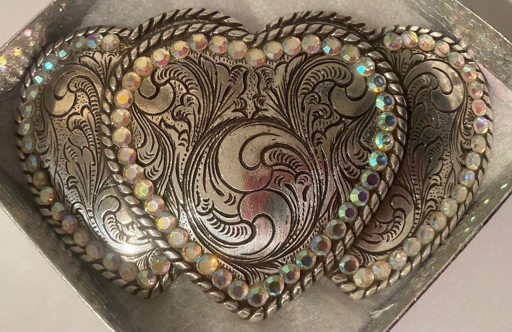 Vintage Metal Belt Buckle, Triple Hearts, Crystals, Shiny, Quality, Heavy Duty, Fashion, Belts, Fun, Nice Design, Made in USA, Quality