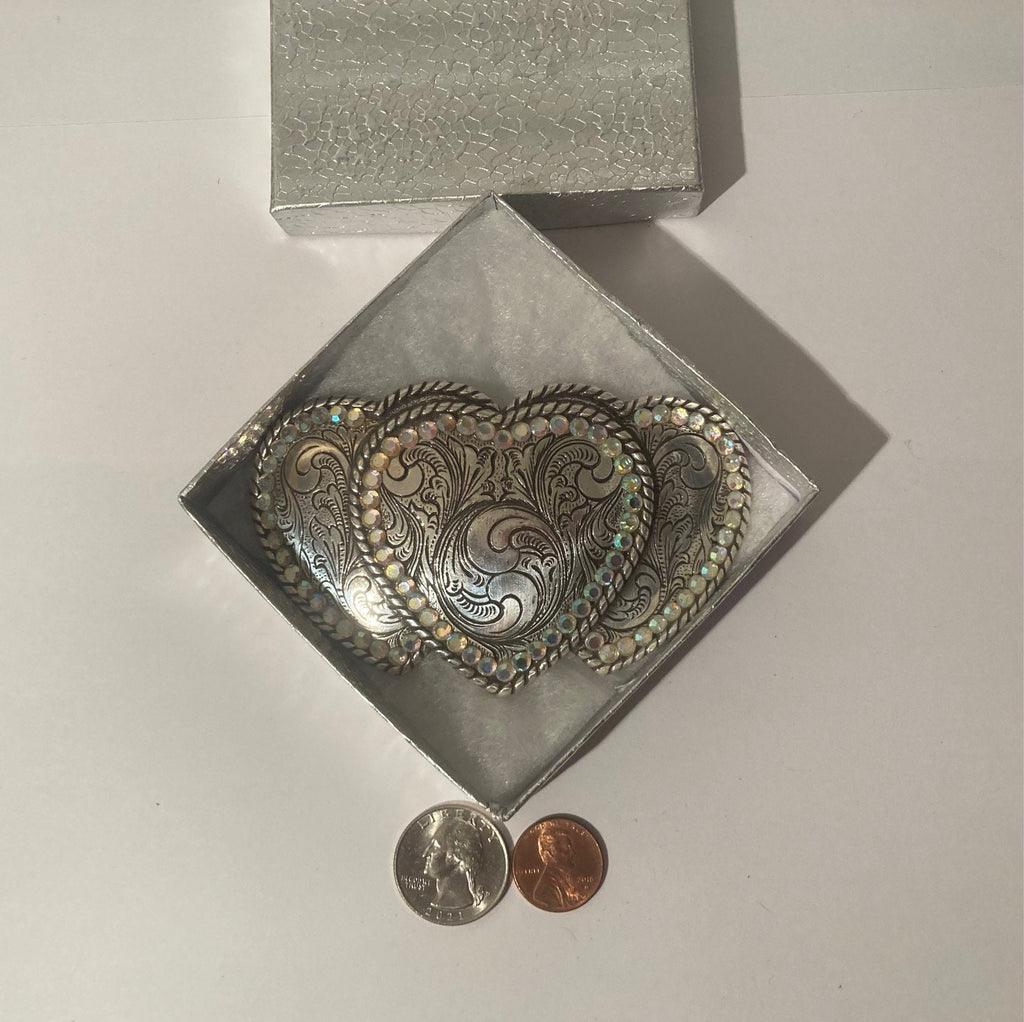 Vintage Metal Belt Buckle, Triple Hearts, Crystals, Shiny, Quality, Heavy Duty, Fashion, Belts, Fun, Nice Design, Made in USA, Quality