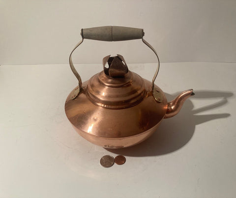 Vintage Metal Solid Copper Teapot, Kettle, Wooden Handle, 9" x 8", Made in Portugal, Quality, Heavy Duty, Kitchen Decor, Table Display