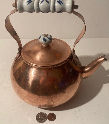 Vintage Metal Copper Teapot, Kettle, Porcelain Handle, 9" x 8", Made in Portugal, Quality, Heavy Duty, Good, Kitchen Decor, Table Display