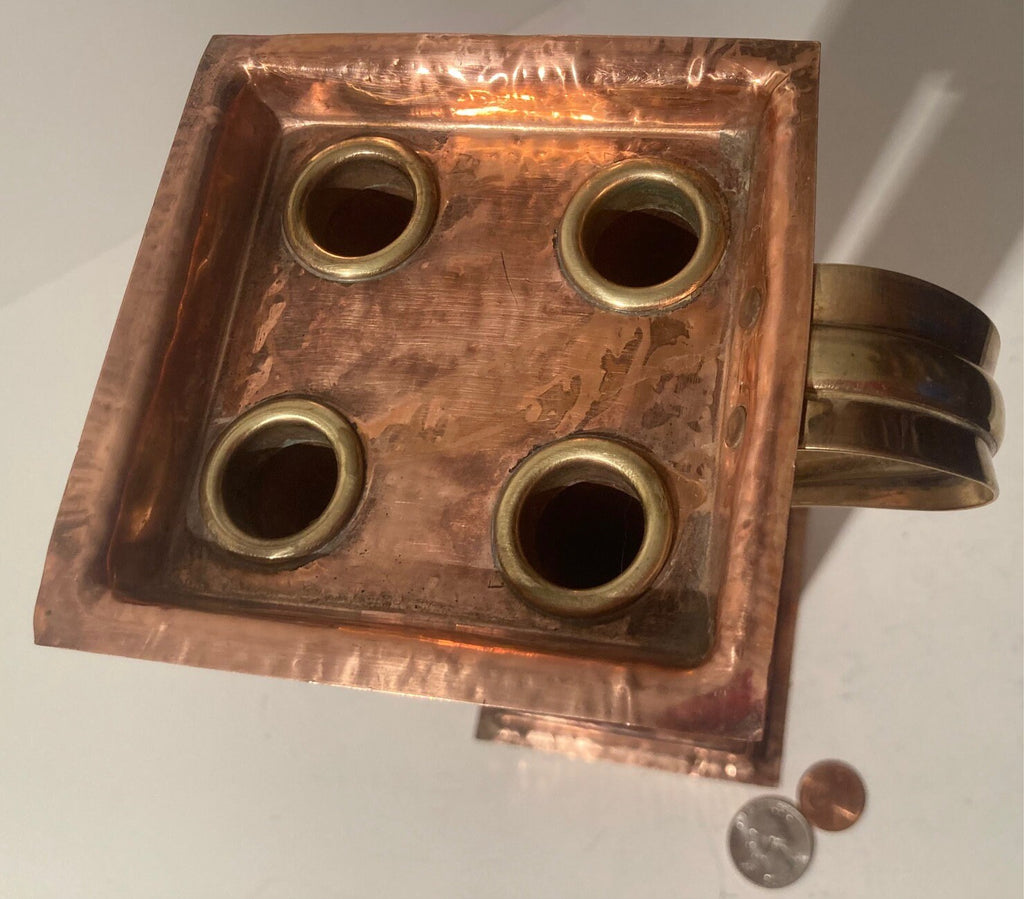 Vintage Metal Copper and Brass 4 Candlesticks Holder, 9" Tall, and 3 1/2" x 3 1/2" Base, Brass Handle, Corked Bottom, Heavy Duty, Quality
