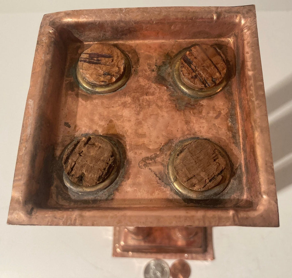 Vintage Metal Copper and Brass 4 Candlesticks Holder, 9" Tall, and 3 1/2" x 3 1/2" Base, Brass Handle, Corked Bottom, Heavy Duty, Quality
