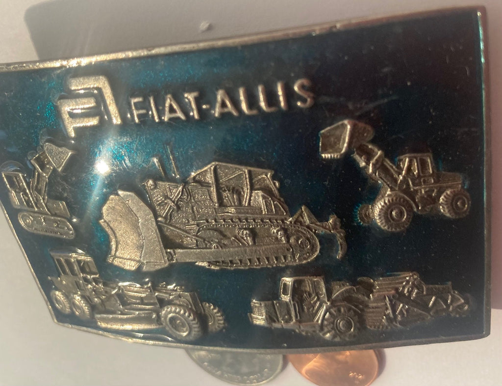 Vintage 1976 Metal Belt Buckle, Blue Enamel, Fiat Allis, Made in USA, Country and Western, Heavy Duty, Quality, Front End Loader, Bull Dozer