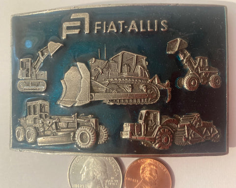 Vintage 1976 Metal Belt Buckle, Blue Enamel, Fiat Allis, Made in USA, Country and Western, Heavy Duty, Quality, Front End Loader, Bull Dozer