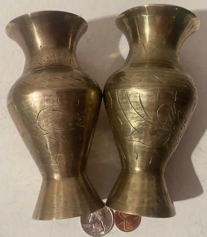 2 Vintage Brass Metal Vases, Nice Etched Designs, 5" Tall, Quality, Heavy Duty, Home Decor, Table Display, Shelf Display